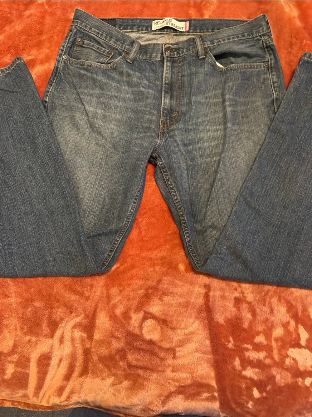 Levi's blue denim jeans with tan leather patch